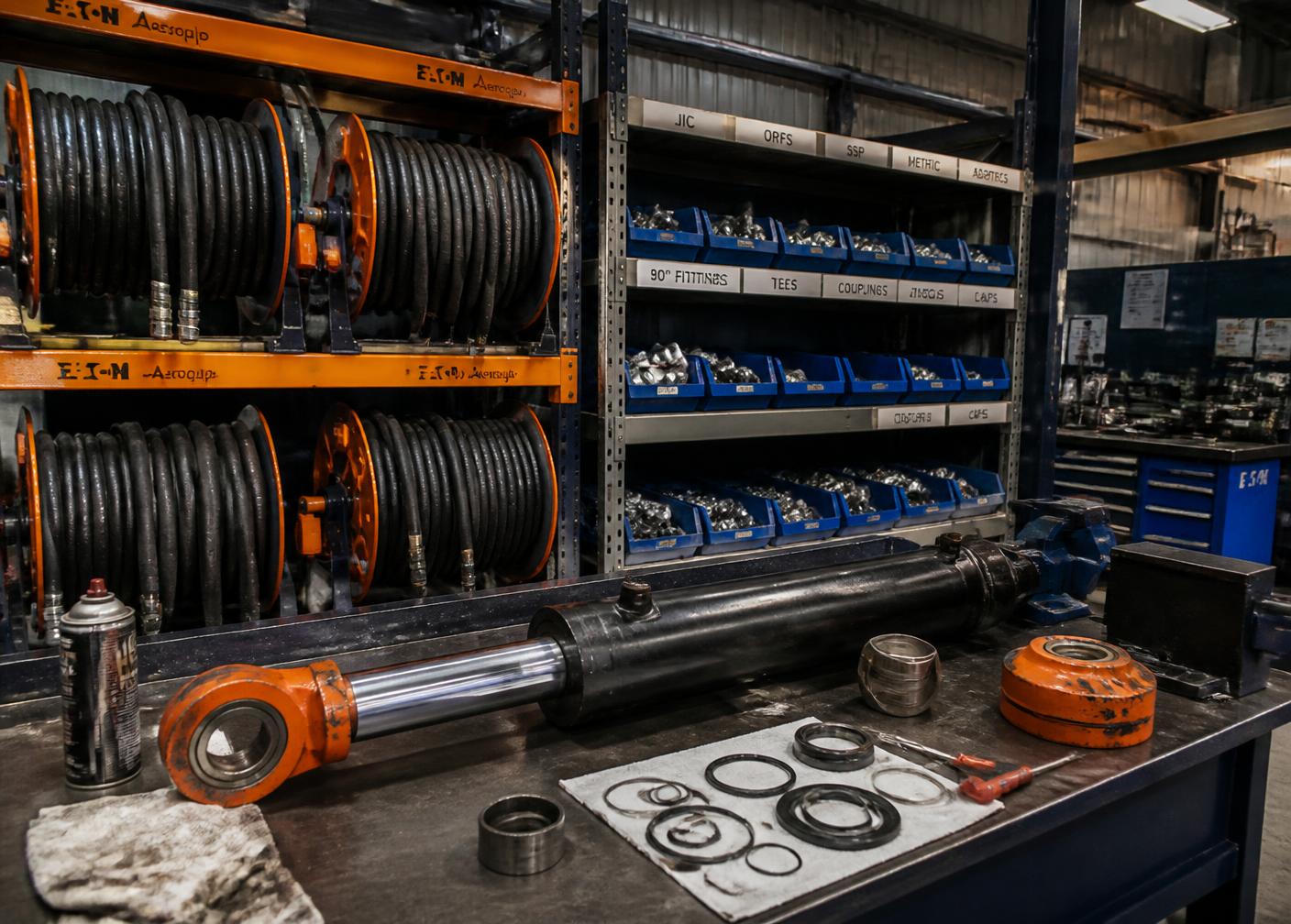 Hydraulic components staged inside the AHH workshop